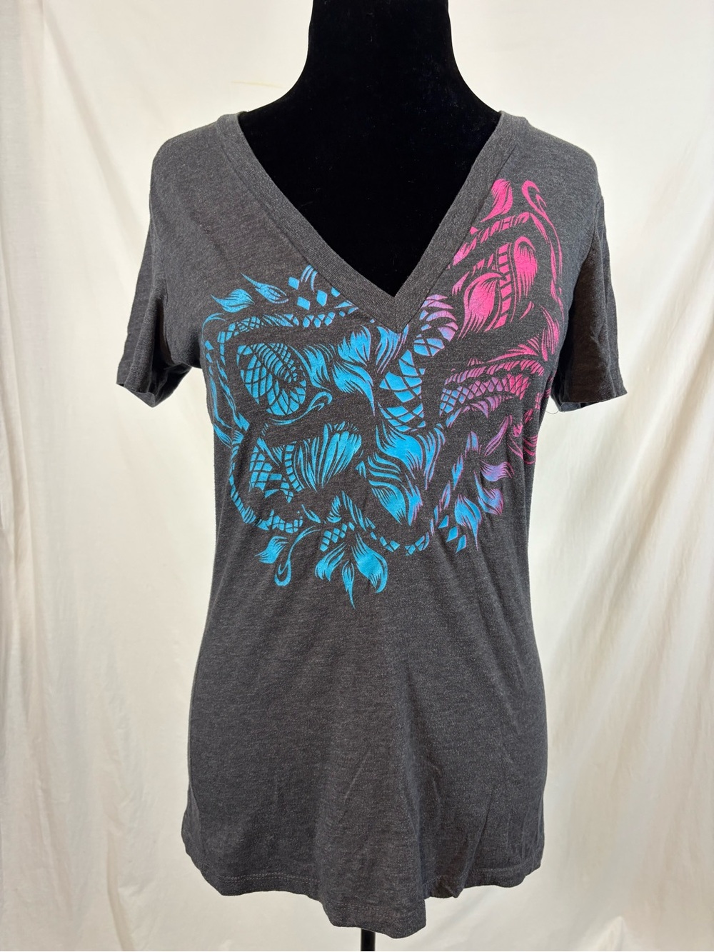 Fox Racing Womens L V Neck Graphic Tee Y2K Moto Biker Hot Pink Blue
